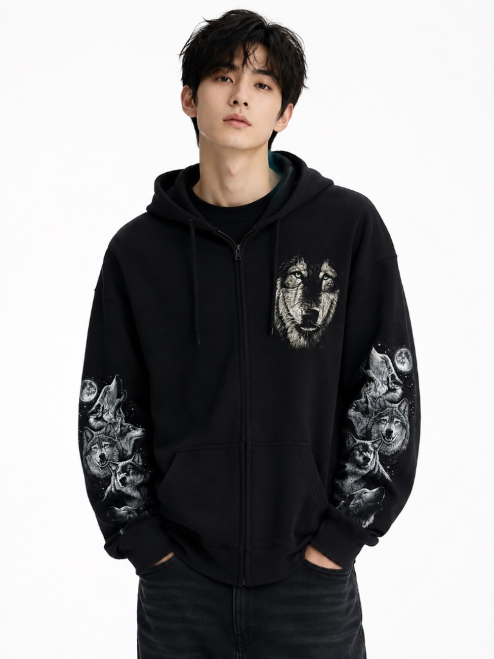The Roxx Black Wolf Graphic Zip Hoodie XL Y2K Gothic Oversized Cotton